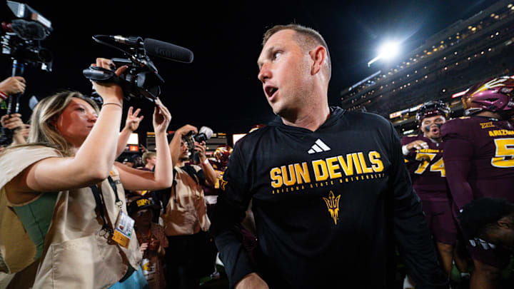 Sep 13, 2025; Tempe, Arizona, USA;  Arizona State Sun Devils head coach Kenny Dillingham looks around after a game against Texas State Bobcats at Mountain America Stadium. Mandatory Credit: Arianna Grainey-Imagn Images