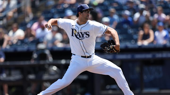Tampa Bay Rays starting pitcher Joe Boyle (36) throws a pitch against the Atlanta Braves in the first inning at George M. Steinbrenner Field. Tampa Bay Rays starting pitcher Joe Boyle (36) throws a pitch against the Atlanta Braves in the first inning at George M. Steinbrenner Field.