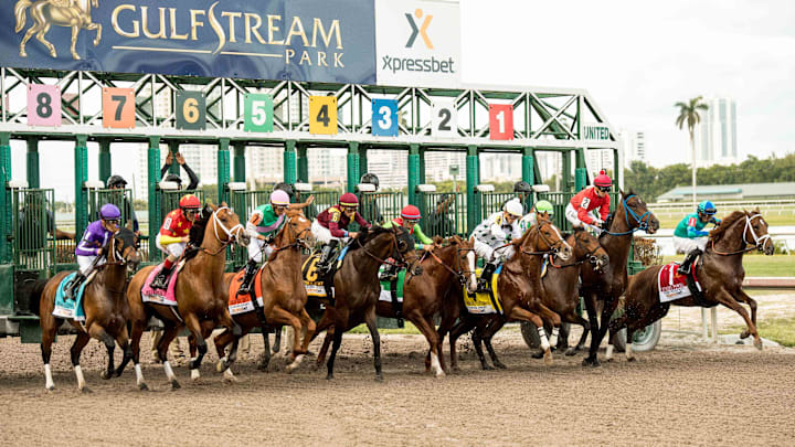 Mar 31, 2018; Hallandale Beach, FL, USA; The field leaves the gate for the start of the 67th running of the Florida Derby at Gulfstream Park. 