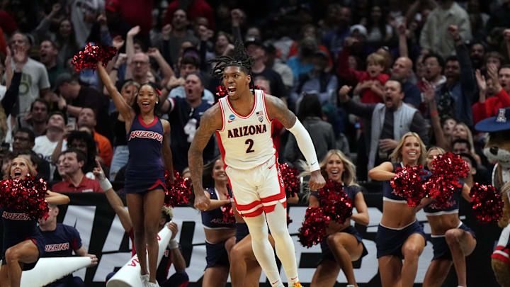 Mar 28, 2024; Los Angeles, CA, USA; Arizona Wildcats guard Caleb Love (2) celebrates in the second half against the Clemson Tigers in the semifinals of the West Regional of the 2024 NCAA Tournament at Crypto.com Arena. Mandatory Credit: Kirby Lee-Imagn Images