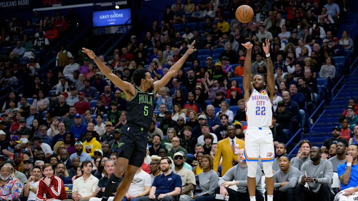 Mar 26, 2024; New Orleans, Louisiana, USA; Oklahoma City Thunder guard Cason Wallace (22) makes a Mar 26, 2024; New Orleans, Louisiana, USA; Oklahoma City Thunder guard Cason Wallace (22) makes a