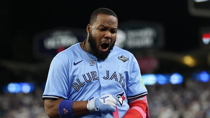 Oct. 29, 2025; Los Angeles, California, USA; Toronto Blue Jays first baseman Vladimir Guerrero Jr. (27) reacts after grounding into a double play during the fifth inning against the Los Angeles Dodgers during game five of the 2025 MLB World Series at Dodger Stadium. Oct. 29, 2025; Los Angeles, California, USA; Toronto Blue Jays first baseman Vladimir Guerrero Jr. (27) reacts after grounding into a double play during the fifth inning against the Los Angeles Dodgers during game five of the 2025 MLB World Series at Dodger Stadium.