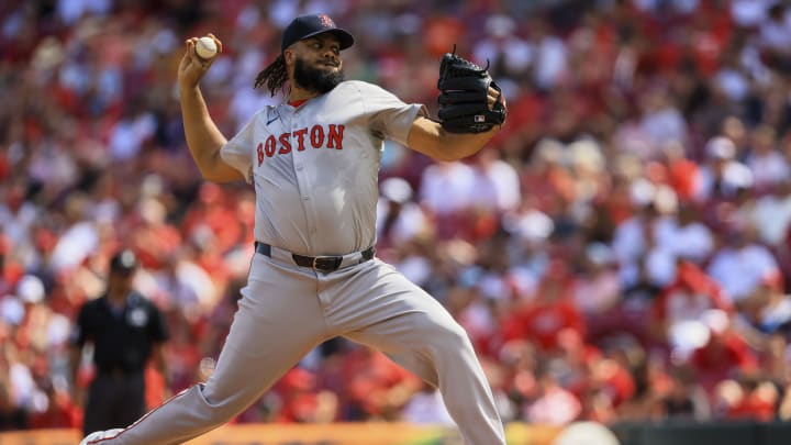 Jun 23, 2024; Cincinnati, Ohio, USA; Boston Red Sox relief pitcher Kenley Jansen (74) pitches against the Cincinnati Reds in the ninth inning at Great American Ball Park. Mandatory Credit: Katie Stratman-USA TODAY Sports