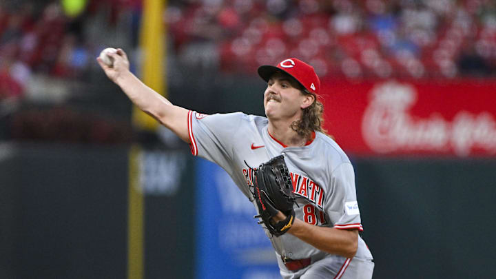 Sep 10, 2024; St. Louis, Missouri, USA;  Cincinnati Reds starting pitcher Rhett Lowder (81) pitches against the St. Louis Cardinals during the first inning at Busch Stadium. Mandatory Credit: Jeff Curry-Imagn Images