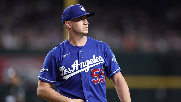 Aug 8, 2026; Phoenix, Arizona, USA; Los Angeles Dodgers pitcher Evan Phillips (59) walks off the field against the Arizona Diamondbacks in the sixth inning at Chase Field. Mandatory Credit: Anna Carrington-Imagn Images