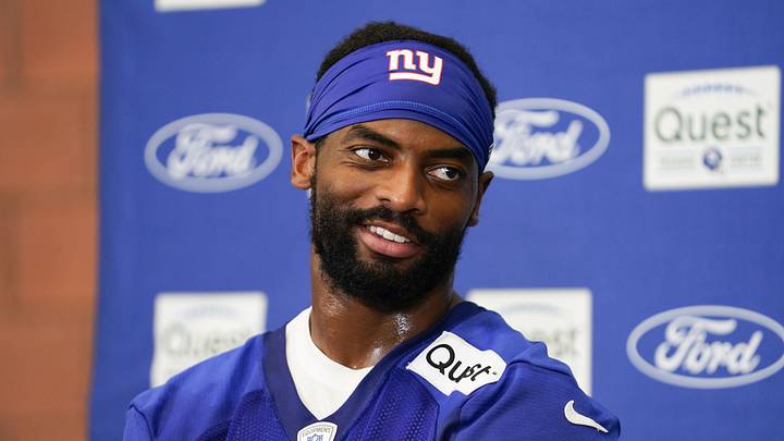 Jul 27, 2023; East Rutherford, NJ, USA; New York Giants wide receiver Darius Slayton (86) talks to reporters after day two of training camp at the Quest Diagnostics Training Facility. Mandatory Credit: Danielle Parhizkaran-Imagn Images Jul 27, 2023; East Rutherford, NJ, USA; New York Giants wide receiver Darius Slayton (86) talks to reporters after day two of training camp at the Quest Diagnostics Training Facility. Mandatory Credit: Danielle Parhizkaran-Imagn Images
