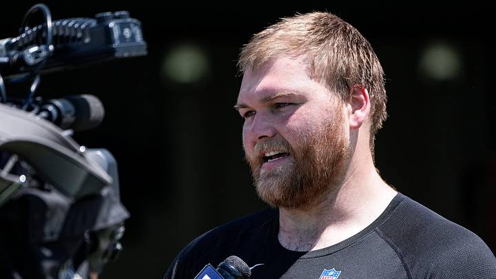 Detroit Lions center Cade Mays (64) is being interviewed after practice during OTAs at Meijer Performance Center in Allen Park on Friday, May 29, 2026.