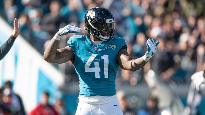 Dec 31, 2023; Jacksonville, Florida, USA; Jacksonville Jaguars linebacker Josh Allen (41) celebrates