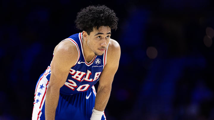 Dec 4, 2024; Philadelphia, Pennsylvania, USA; Philadelphia 76ers guard Jared McCain (20) looks on during the fourth quarter against the Orlando Magic at Wells Fargo Center. Mandatory Credit: Bill Streicher-Imagn Images