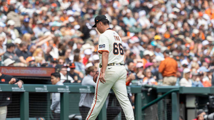 Aug 13, 2025; San Francisco, California, USA; San Francisco Giants pitcher Kai-Wei Teng (66) is relieved during the second inning against the San Diego Padres at Oracle Park. Mandatory Credit: Bob Kupbens-Imagn Images Aug 13, 2025; San Francisco, California, USA; San Francisco Giants pitcher Kai-Wei Teng (66) is relieved during the second inning against the San Diego Padres at Oracle Park. Mandatory Credit: Bob Kupbens-Imagn Images