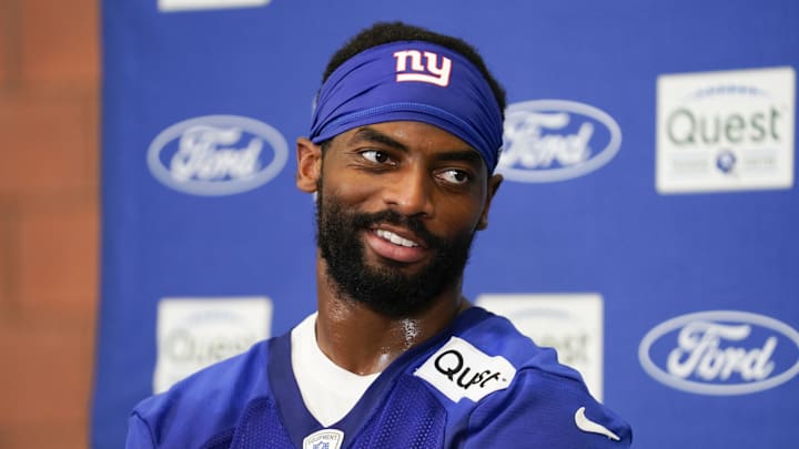 Jul 27, 2023; East Rutherford, NJ, USA;  New York Giants wide receiver Darius Slayton (86) talks to reporters after day two of training camp at the Quest Diagnostics Training Facility. Mandatory Credit: Danielle Parhizkaran-Imagn Images