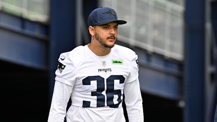 Jun 9, 2025; Foxborough, MA, USA; New England Patriots place kicker Andres Borregales (36) walks to the practice fields at Gillette Stadium. Mandatory Credit: Eric Canha-Imagn Images