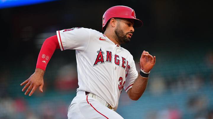 Jun 9, 2026; Anaheim, California, USA; Los Angeles Angels catcher Sebastian Rivero (38) runs to third against the Houston Astros during the second inning at Angel Stadium. Mandatory Credit: Gary A. Vasquez-Imagn Images