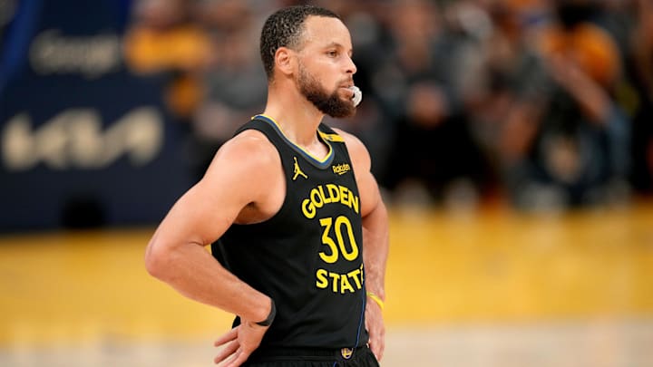 May 2, 2025; San Francisco, California, USA; Golden State Warriors guard Stephen Curry (30) stands on the court during a break in the action against the Houston Rockets in the fourth quarter of game six of the first round for the 2025 NBA Playoffs at Chase Center. Mandatory Credit: Cary Edmondson-Imagn Images