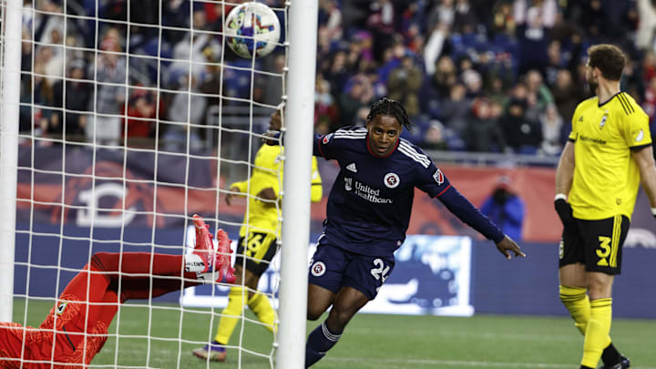May 7, 2022; Foxborough, Massachusetts, USA; New England Revolution forward DeJuan Jones (24) celebrates his goal against the Columbus Crew during the second half at Gillette Stadium. Mandatory Credit: Winslow Townson-USA TODAY Sports