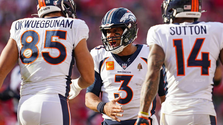 Jan 1, 2023; Kansas City, Missouri, USA; Denver Broncos quarterback Russell Wilson (3) celebrates