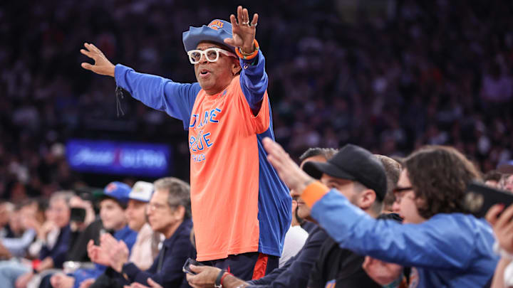 May 10, 2025; New York, New York, USA; Actor and filmmaker Spike Lee watches game three of the second round for the 2025 NBA Playoffs between the Boston Celtics and the New York Knicks at Madison Square Garden. Mandatory Credit: Wendell Cruz-Imagn Images