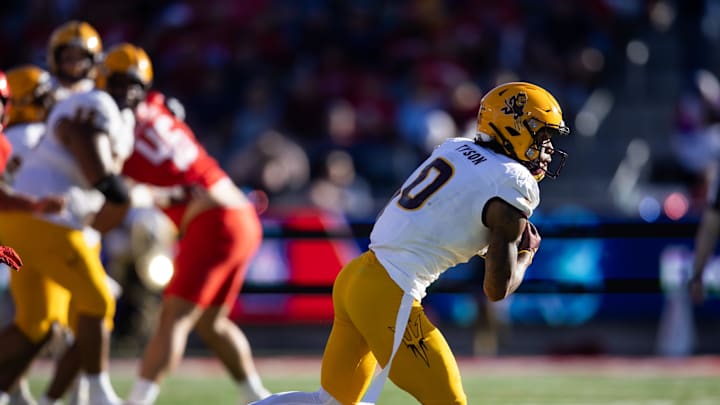 Nov 30, 2024; Tucson, Arizona, USA; Arizona State Sun Devils wide receiver Jordyn Tyson (0) against the Arizona Wildcats during the Territorial Cup at Arizona Stadium. Mandatory Credit: Mark J. Rebilas-Imagn Images