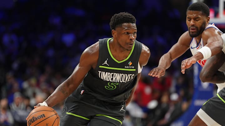 Apr 5, 2025; Philadelphia, Pennsylvania, USA; Minnesota Timberwolves guard Anthony Edwards (5) drives with the ball against the Philadelphia 76ers in the third quarter at Wells Fargo Center. Mandatory Credit: Kyle Ross-Imagn Images