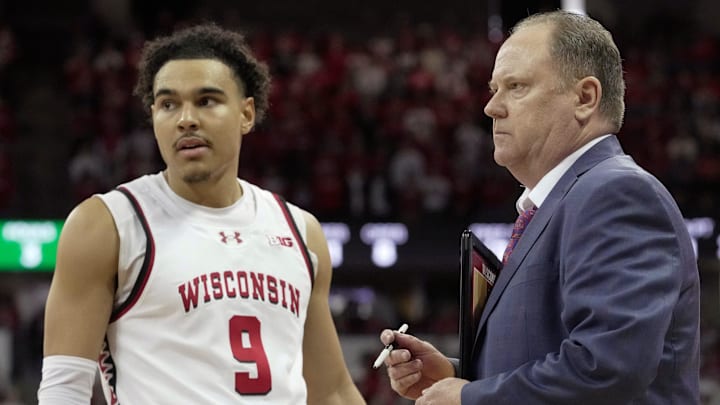 Wisconsin guard John Tonje (9) listens to head coach Greg Gard during the second half of their game Saturday, February 22, 2025 at the Kohl Center in Madison, Wisconsin. Oregon beat Wisconsin 77-73 in overtime.

Mark Hoffman/Milwaukee Journal Sentinel