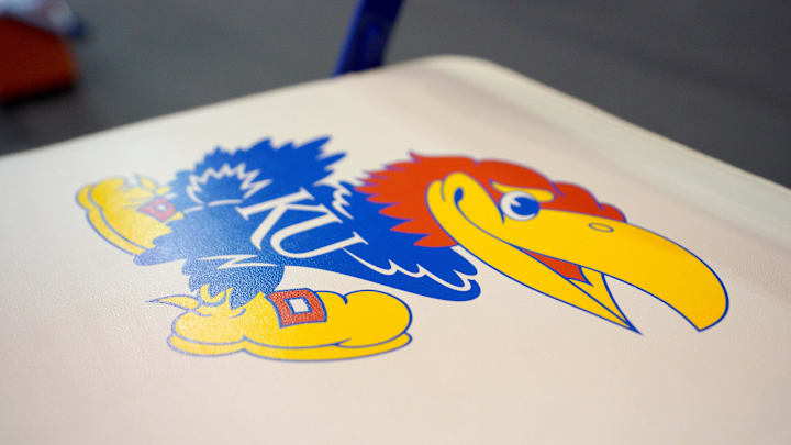 Jan 9, 2021; Lawrence, Kansas, USA; A general view of the Kansas Jayhawks logo on a bench seat