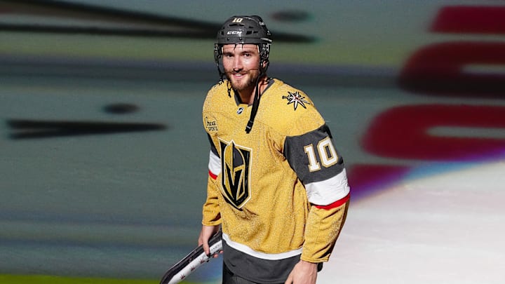 Apr 12, 2025; Las Vegas, Nevada, USA; Vegas Golden Knights center Nicolas Roy (10) was named Second Star of the Game after the Golden Knights defeated the Nashville Predators 4-3 at T-Mobile Arena. Mandatory Credit: Stephen R. Sylvanie-Imagn Images