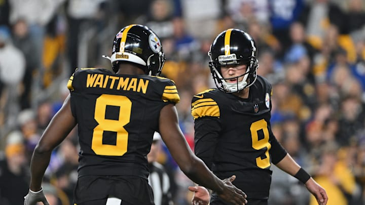 Oct 28, 2024; Pittsburgh, Pennsylvania, USA; Pittsburgh Steelers place kicker Chris Boswell (9) celebrates a field goal with Pittsburgh Steelers Corliss Waitman (8) during the first quarter against the New York Giants at Acrisure Stadium. Mandatory Credit: Barry Reeger-Imagn Images