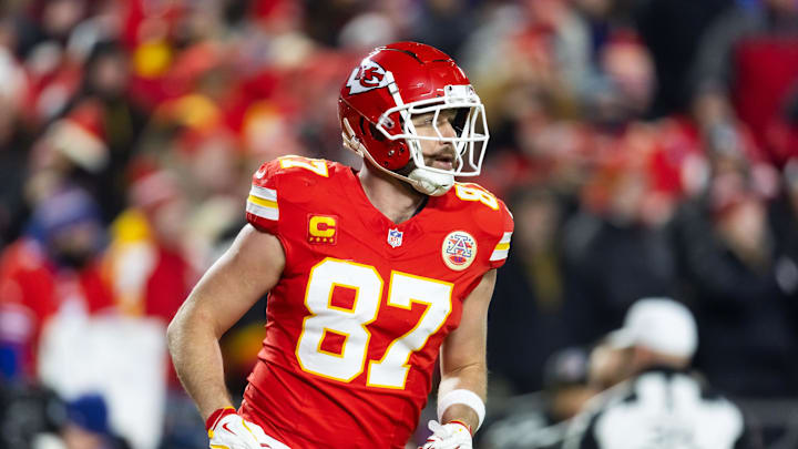 Jan 26, 2025; Kansas City, MO, USA; Kansas City Chiefs tight end Travis Kelce (87) against the Buffalo Bills during the AFC Championship game at GEHA Field at Arrowhead Stadium. Mandatory Credit: Mark J. Rebilas-Imagn Images