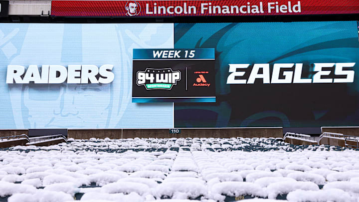 Dec 14, 2025; Philadelphia, Pennsylvania, USA; General view of snow covered seating at Lincoln Financial Field before a game between the Philadelphia Eagles and the Las Vegas Raiders. Dec 14, 2025; Philadelphia, Pennsylvania, USA; General view of snow covered seating at Lincoln Financial Field before a game between the Philadelphia Eagles and the Las Vegas Raiders.