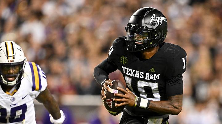 Oct 26, 2024; College Station, Texas, USA; Texas A&M Aggies quarterback Marcel Reed (10) in action during the fourth quarter against the LSU Tigers. The Aggies defeated the Tigers 38-23; at Kyle Field. Mandatory Credit: Maria Lysaker-Imagn Images. Oct 26, 2024; College Station, Texas, USA; Texas A&M Aggies quarterback Marcel Reed (10) in action during the fourth quarter against the LSU Tigers. The Aggies defeated the Tigers 38-23; at Kyle Field. Mandatory Credit: Maria Lysaker-Imagn Images.