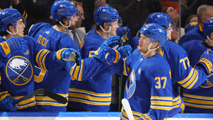 Dec 30, 2023; Buffalo, New York, USA;  Buffalo Sabres center Casey Mittelstadt (37) celebrates his