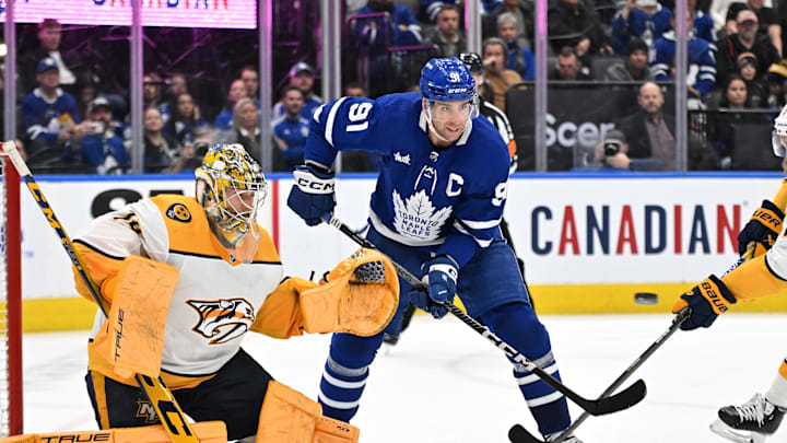 Jan 11, 2023; Toronto, Ontario, CAN; Toronto Maple Leafs forward John Tavares (91) and Nashville
