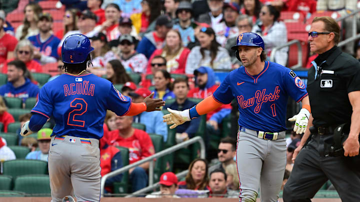 May 4, 2025; St. Louis, Missouri, USA; New York Mets second baseman Luisangel Acuna (2, left) and New York Mets second baseman Jeff McNeil (1) congratulate each other at home plate after scoring in the eighth inning on a single byNew York Mets shortstop Francisco Lindor (12, not shown) at Busch Stadium. Mandatory Credit: Tim Vizer-Imagn Images May 4, 2025; St. Louis, Missouri, USA; New York Mets second baseman Luisangel Acuna (2, left) and New York Mets second baseman Jeff McNeil (1) congratulate each other at home plate after scoring in the eighth inning on a single byNew York Mets shortstop Francisco Lindor (12, not shown) at Busch Stadium. Mandatory Credit: Tim Vizer-Imagn Images