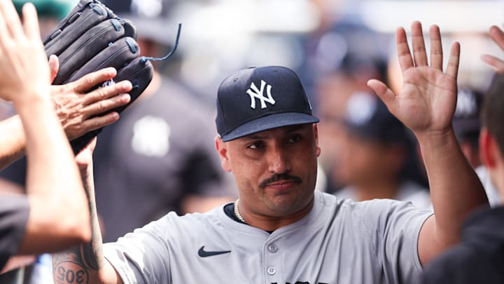 Jul 31, 2024; Philadelphia, Pennsylvania, USA; New York Yankees pitcher Nestor Cortes (65) high fives in the dugout after being relieved during the sixth inning against the Philadelphia Phillies at Citizens Bank Park. Mandatory Credit: Bill Streicher-Imagn Images Jul 31, 2024; Philadelphia, Pennsylvania, USA; New York Yankees pitcher Nestor Cortes (65) high fives in the dugout after being relieved during the sixth inning against the Philadelphia Phillies at Citizens Bank Park. Mandatory Credit: Bill Streicher-Imagn Images
