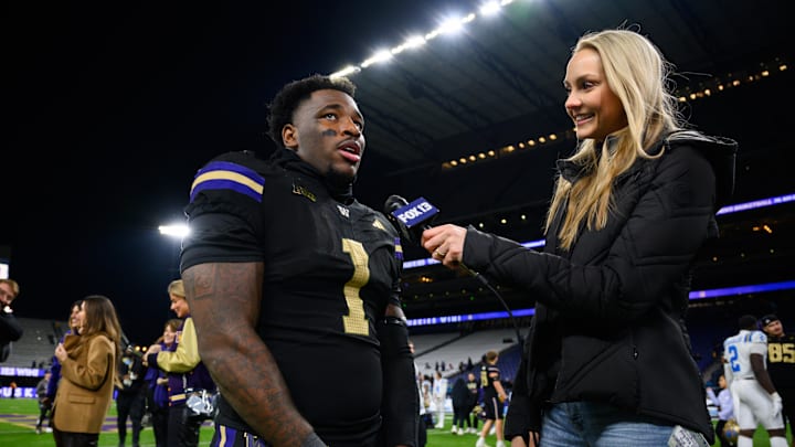 Nov 15, 2024; Seattle, Washington, USA; Washington Huskies running back Jonah Coleman (1) is interviewed after the game against the UCLA Bruins at Alaska Airlines Field at Husky Stadium. Mandatory Credit: Steven Bisig-Imagn Images Nov 15, 2024; Seattle, Washington, USA; Washington Huskies running back Jonah Coleman (1) is interviewed after the game against the UCLA Bruins at Alaska Airlines Field at Husky Stadium. Mandatory Credit: Steven Bisig-Imagn Images