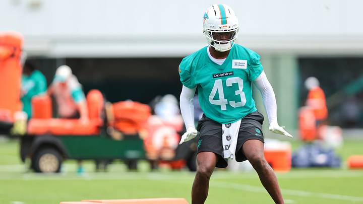 Miami Dolphins safety Major Burns (43) works during practice at the Baptist Health Training Complex.