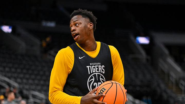 Mar 19, 2026; St. Louis, MO, USA; Missouri Tigers forward Mark Mitchell (25) drives to the basket during a practice session ahead of the first round of the men's 2026 NCAA Tournament at Enterprise Center. Mandatory Credit: Jeff Curry-Imagn Images