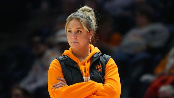 Tennessee Lady Vols head coach Kim Caldwell during a NCAA college basketball game at Thompson-Boling Arena at Food City Center on Tuesday, Nov. 26, 2024, in Knoxville, Tenn.