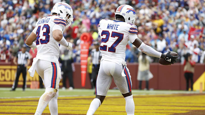 Sep 24, 2023; Landover, Maryland, USA; Buffalo Bills cornerback Tre'Davious White (27) celebrates
