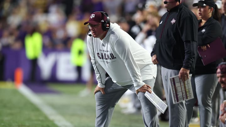 Oct 25, 2025; Baton Rouge, Louisiana, USA; Texas A&M Aggies head coach Mike Elko during the first half against the Louisiana State Tigers at Tiger Stadium. Mandatory Credit: Stephen Lew-Imagn Images