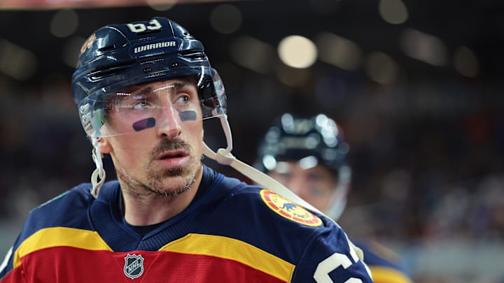 Jan 2, 2026; Miami, Florida, USA; Florida Panthers left wing Brad Marchand (63) looks on prior to the third period in the 2026 Winter Classic ice hockey game against the New York Rangers at loanDepot Park. Mandatory Credit: Sam Navarro-Imagn Images