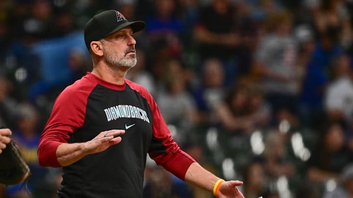 Sep 22, 2024; Milwaukee, Wisconsin, USA; Arizona Diamondbacks manager Torey Lovullo makes a pitching change in the fifth inning against the Milwaukee Brewers at American Family Field. Mandatory Credit: Benny Sieu-Imagn Images