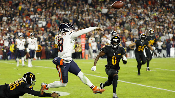 Bears quarterback Caleb Williams gets outside the pocket to throw against the Washington Commanders in a 25-24 win. Bears quarterback Caleb Williams gets outside the pocket to throw against the Washington Commanders in a 25-24 win.