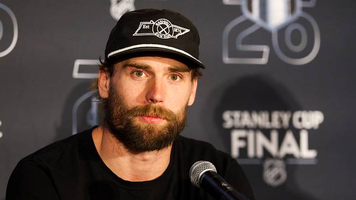 Jun 3, 2026; Raleigh, North Carolina, USA; Vegas Golden Knights right wing Cole Smith (22) during a press conference for the 2026 Stanley Cup Final at Lenovo Center. Mandatory Credit: Nathan Ray Seebeck-Imagn Images Jun 3, 2026; Raleigh, North Carolina, USA; Vegas Golden Knights right wing Cole Smith (22) during a press conference for the 2026 Stanley Cup Final at Lenovo Center. Mandatory Credit: Nathan Ray Seebeck-Imagn Images