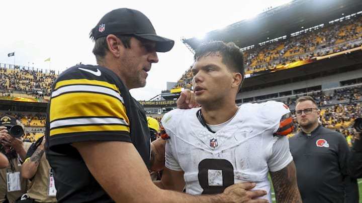 Pittsburgh Steelers quarterback Aaron Rodgers and Cleveland Browns quarterback Dillon Gabriel.