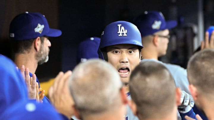 Oct 24, 2025; Toronto, Ontario, CAN; Los Angeles Dodgers designated hitter Shohei Ohtani (17) celebrates after hitting a two-run home run against the Toronto Blue Jays in the seventh inning during game one of the 2025 MLB World Series at Rogers Centre. Mandatory Credit: Dan Hamilton-Imagn Images Oct 24, 2025; Toronto, Ontario, CAN; Los Angeles Dodgers designated hitter Shohei Ohtani (17) celebrates after hitting a two-run home run against the Toronto Blue Jays in the seventh inning during game one of the 2025 MLB World Series at Rogers Centre. Mandatory Credit: Dan Hamilton-Imagn Images