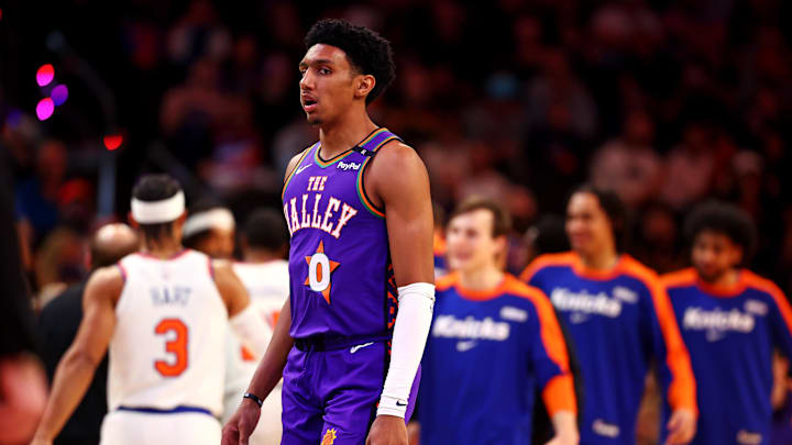 Nov 20, 2024; Phoenix, Arizona, USA; Phoenix Suns forward Ryan Dunn (0) looks on before playing against the New York Knicks at Footprint Center. Mandatory Credit: Mark J. Rebilas-Imagn Images