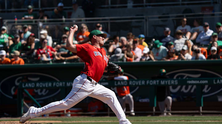 Josh Winckowski, a pitcher for the Boston Red Sox pitches in relief during a Spring Training game against the Baltimore Orioles at JetBlue Park in Fort Myers on Monday, March 17, 2025. 