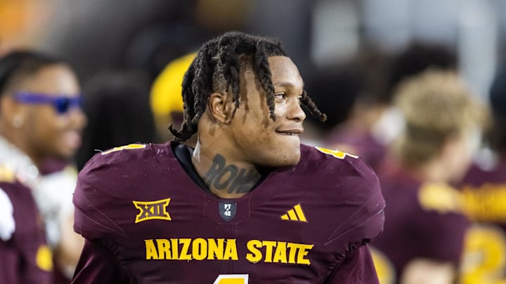 Nov 28, 2025; Tempe, Arizona, USA; Arizona State Sun Devils defensive back Myles Rowser (4) against the Arizona Wildcats during the 99th Territorial Cup at Mountain America Stadium. Mandatory Credit: Mark J. Rebilas-Imagn Images