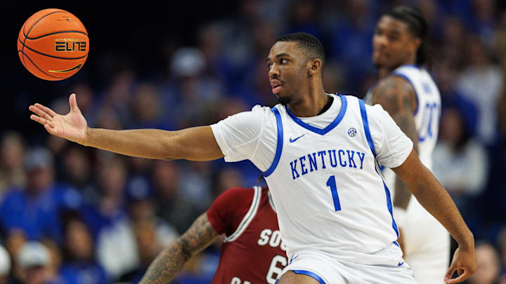 Feb 8, 2025; Lexington, Kentucky, USA; Kentucky Wildcats guard Lamont Butler (1) reaches for the ball during the first half against the South Carolina Gamecocks at Rupp Arena at Central Bank Center. Mandatory Credit: Jordan Prather-Imagn Images